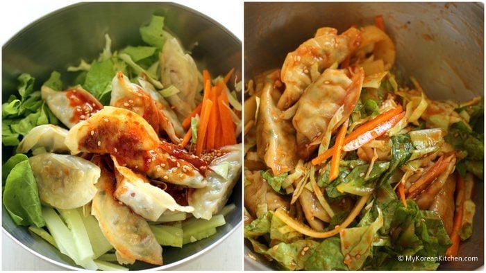 Bibim Mandu (Korean Potsticker Salad) Turn around your plain instant dumplings into something special! | MyKoreanKitchen.com