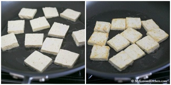 Easy and delicious Korean tofu side dish - Pan Fried Tofu in Garlic Soy Sesame Sauce (Dubu Buchim) recipe. Budget friendly and Vegetarian friendly | Food24h.com