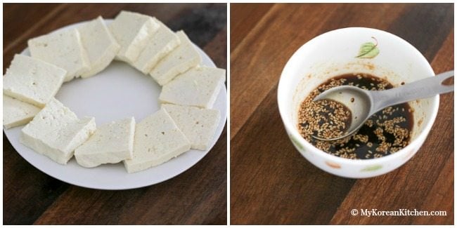 Easy and delicious Korean tofu side dish - Pan Fried Tofu in Garlic Soy Sesame Sauce (Dubu Buchim) recipe. Budget friendly and Vegetarian friendly | Food24h.com
