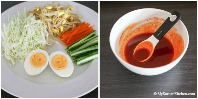 Korean Spicy Chewy Noodles (Jjolmyeon) - Bouncy textured noodles served with fresh vegetables and sweet, tangy and spicy Korean sauce | MyKoreanKitchen.com
