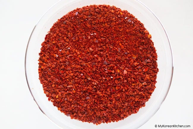 Korean chili flakes in a clear bowl