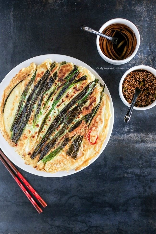 Korean Sweet Tangy Soy Dipping Sauce paired with Korean Pajeon (Seafood and Green Onion Pancakes) | MyKoreanKitchen.com