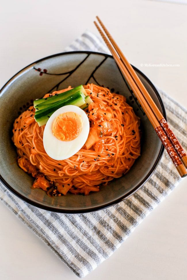 Spicy Cold Kimchi Noodles | MyKoreanKitchen.com