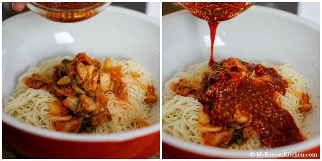 Spicy cold Kimchi noodles recipe - This is a perfect summer time dish. Bring your lost appetite back with these spicy cold Korean noodles! | MyKoreanKitchen.com