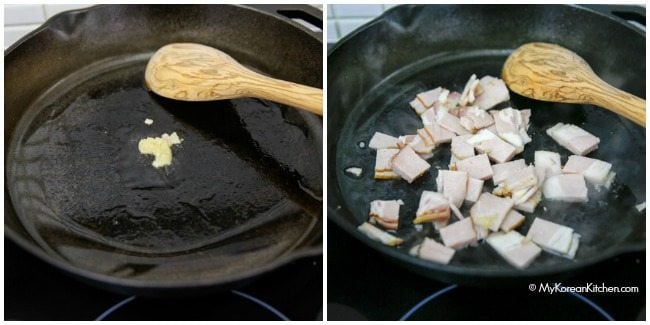 Stir frying garlic and bacon for kimchi fried rice | MyKoreanKitchen.com