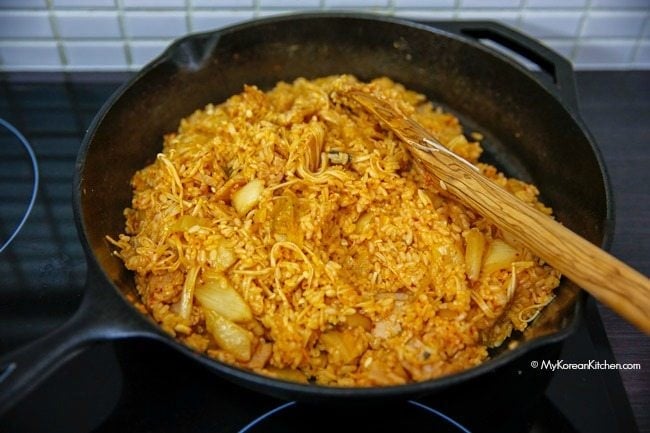 Kimchi fried rice with sesame oil | MyKoreanKitchen.com