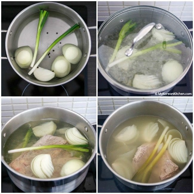 Making broth for Korean rice cake soup