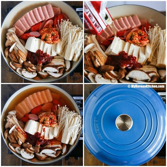 Korean army stew (Budae Jjigae) is a Korean fusion hot pot dish loaded with Kimchi, spam, sausages, mushrooms, instant ramen noodles and cheese. The soup is so comforting and addictive! | Food24h.com
