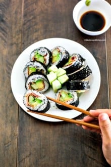 Bacon Avocado Cucumber Sushi Rolls. It has savoury and refreshing flavour and crunchiness. Just perfect for spring weather! Easy and quick to roll.| MyKoreanKitchen.com