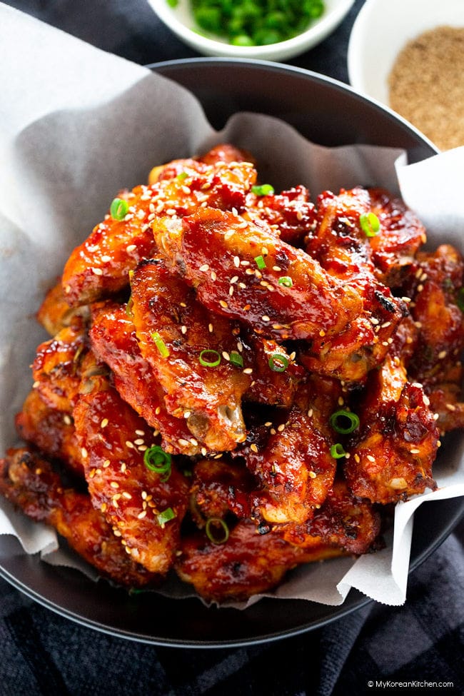 Close up photo of baked Korean chicken wings