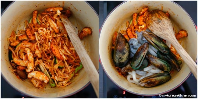 Making korean spicy seafood soup - stir frying vegetables and seafood