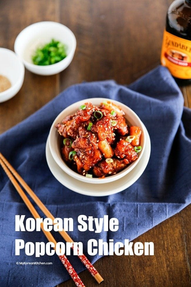 crunchy and sticky Korean style popcorn chicken | MyKoreanKitchen.com