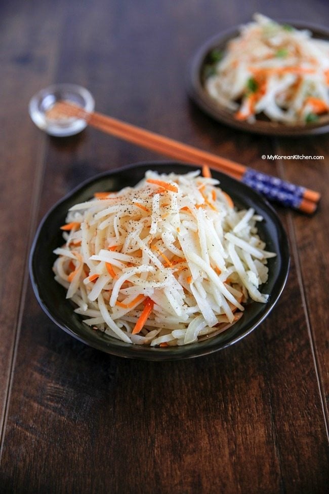Stir fried shredded potato. It's an easy and popular Korean side dish! | MyKoreanKitchen.com