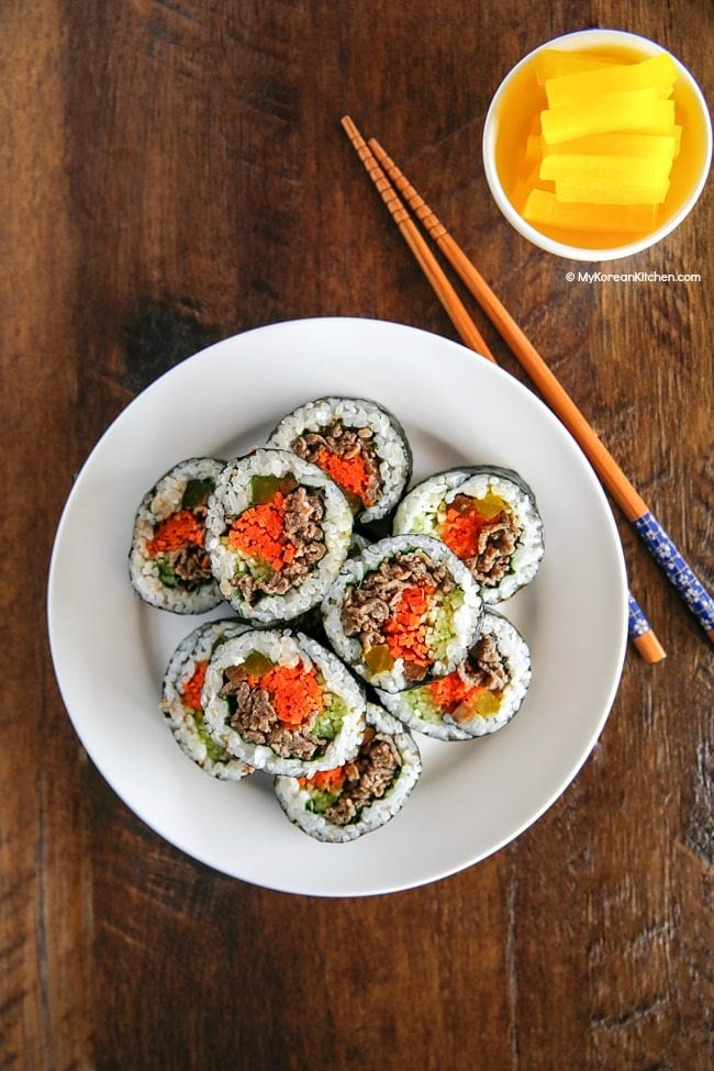 Bulgogi Kimbap (Bulgogi Seaweed Rice Rolls). It's full of healthy and savoury flavour! | MyKoreanKitchen.com