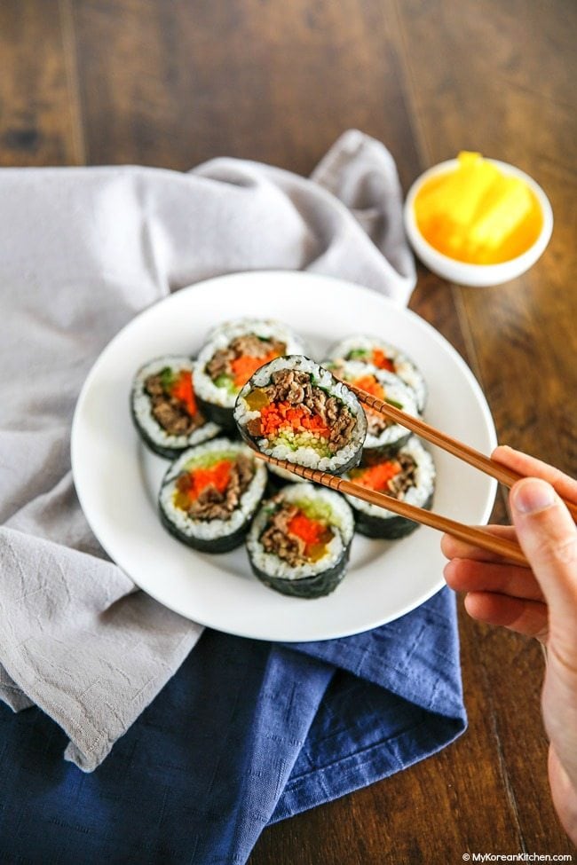 Bulgogi Kimbap (Bulgogi Seaweed Rice Rolls). It's perfect for a picnic or party! | MyKoreanKitchen.com