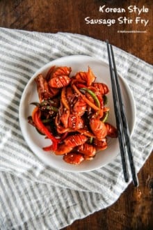 Korean Style Sausage Stir Fry is a popular side dish for a Korean lunchbox! | MyKoreanKitchen.com