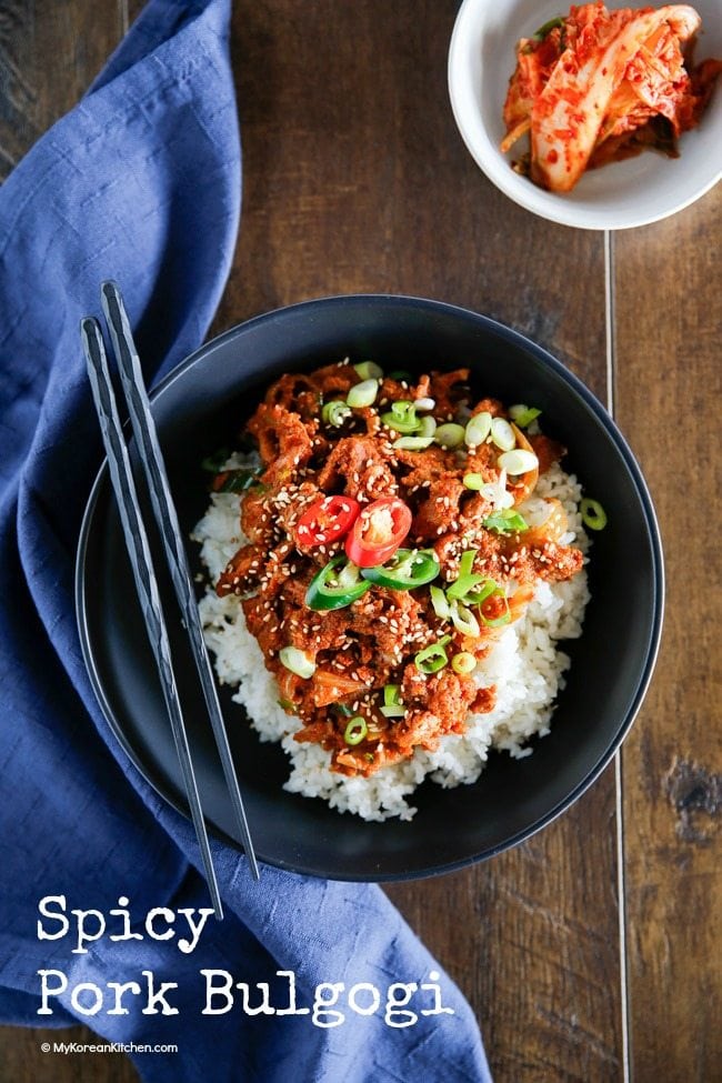 Spicy pork bulgogi is a popular Korean pork stir fry dish that is slightly spicy but also sweet. It is great over rice! | MyKoreanKitchen.com