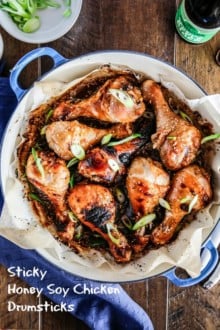 Sticky honey soy chicken drumsticks are super easy and deliciously saucy chicken legs baked in the oven. These drumsticks go well on its own or over steamed rice. Whatever the occasion maybe they will become your family's favourite instantly! | MyKoreanKitchen.com