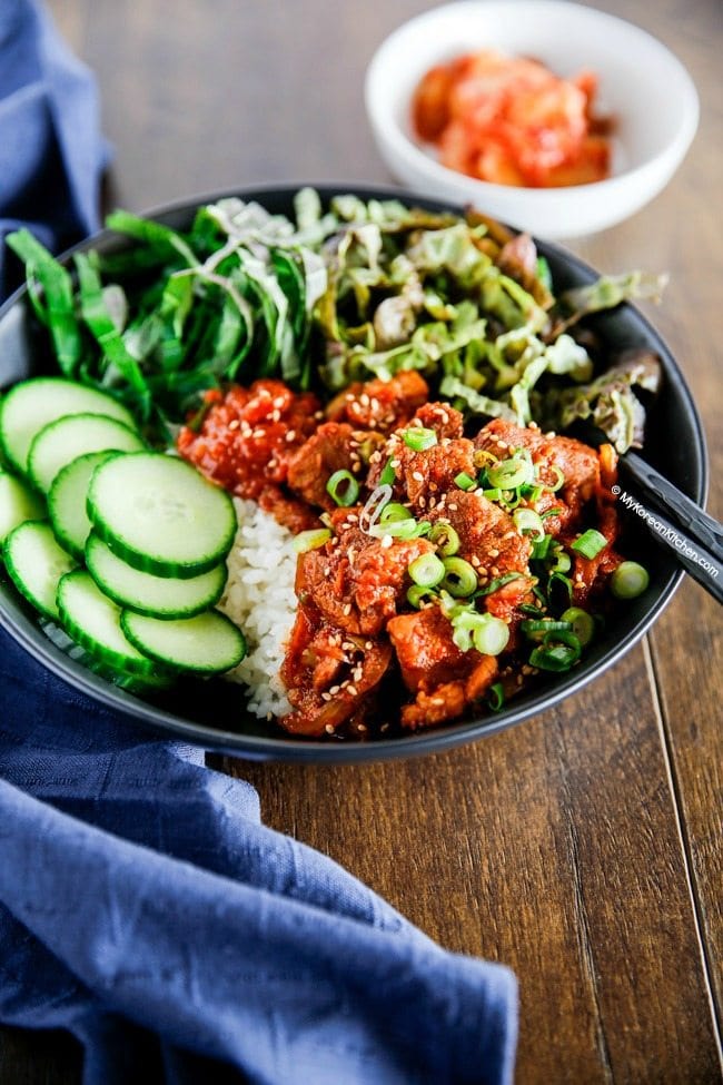 Spicy Pork Bulgogi Rice Bowl - It's addictively delicious! | MyKoreanKitchen.com