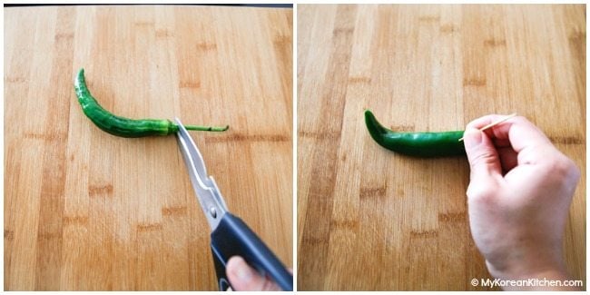 Preparing green chillies for pickling