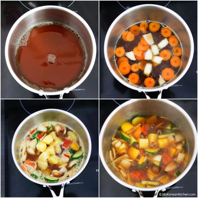 A collage of making sweet and sour sauce for tangsuyuk on the stove.