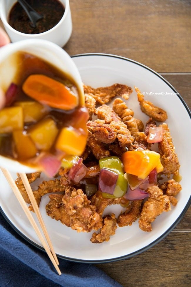 Tangsuyuk Korean Sweet And Sour Pork My Korean Kitchen Tangsuyuk is a dish that was first made by chinese immigrants in the port city of incheon, where the majority of ethnic chinese population in south korea live. tangsuyuk korean sweet and sour pork