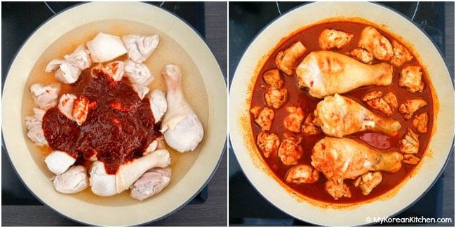 Boiling chicken and sauce in a pot