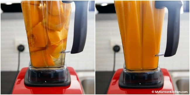 Pureeing steamed kabocha in a blender