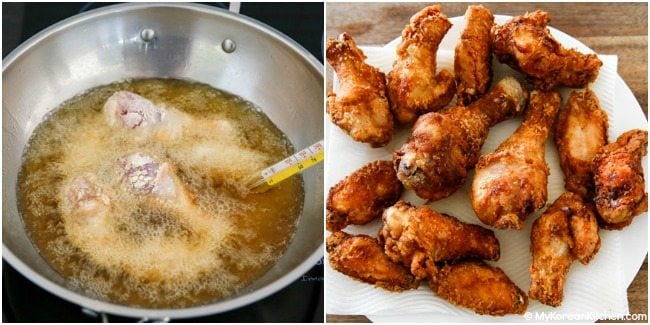 Double deep frying chicken in a large pot