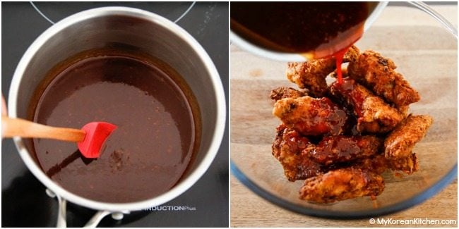 Making Korean fried chicken sauce and pouring it over fried chicken