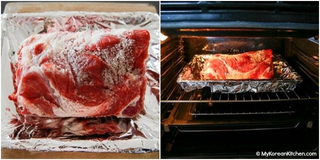 Slow roasting pork shoulder in an oven