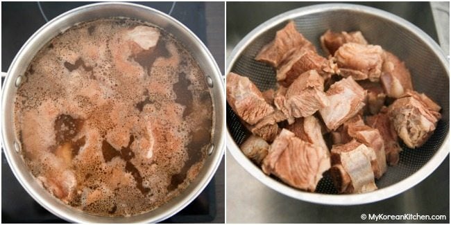 Boiling beef short ribs in a large pot