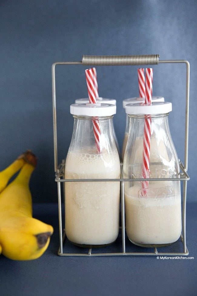 Korean banana milk in rustic milk bottles