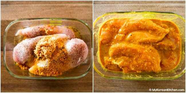 Marinating chicken breast fillets with curry and other seasoning