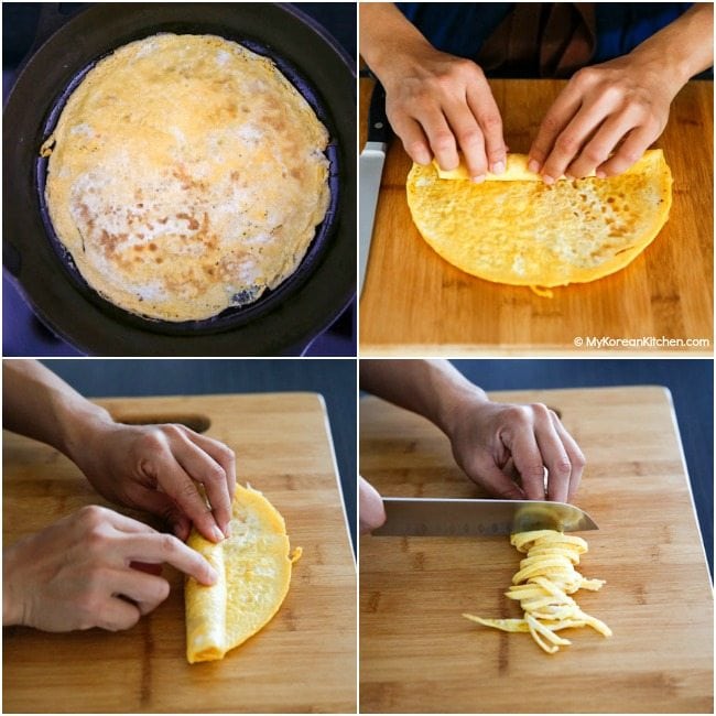 Korean noodle soup ingredients - making egg omelette