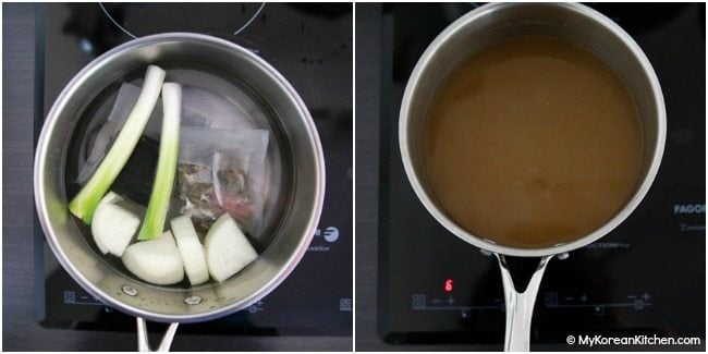 Making Korean noodle soup broth