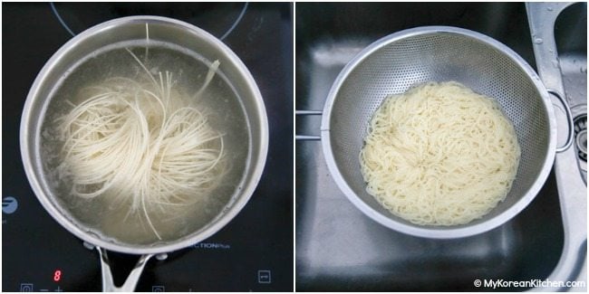 Boiling somen noodles and draining the water