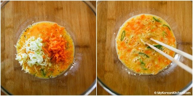 Mixing egg omelette ingredients in a bowl