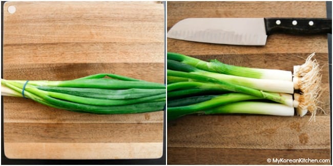 Trimming green onion roots