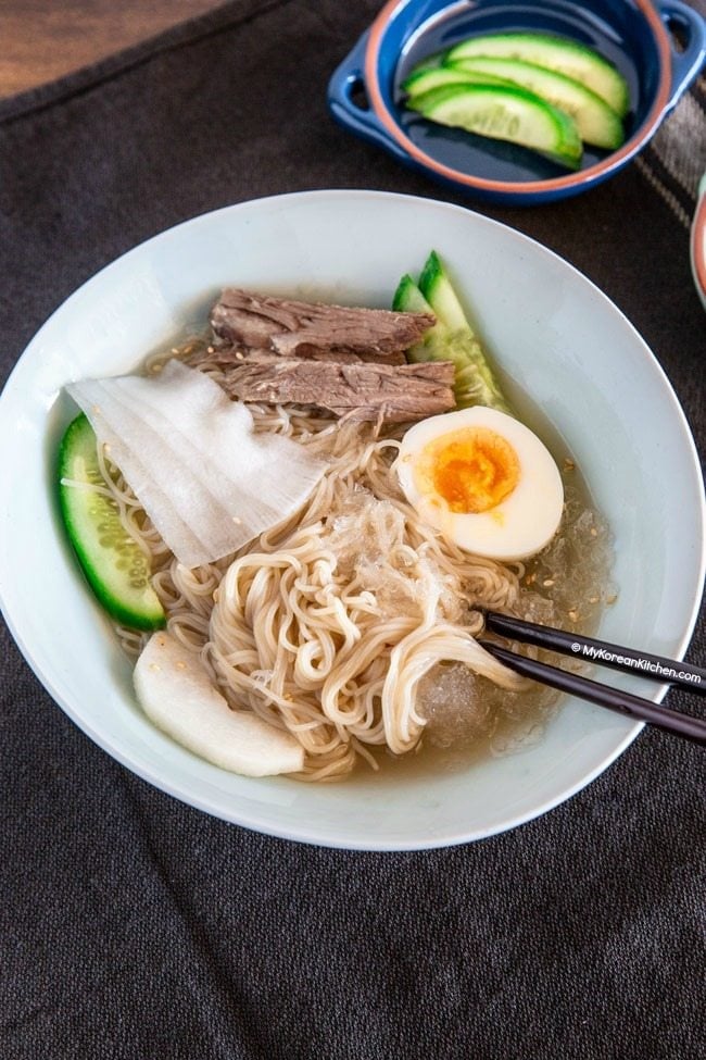 Korean cold noodles in a bowl