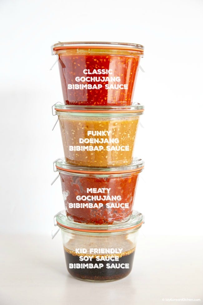 4 bibimbap sauces in glass containers