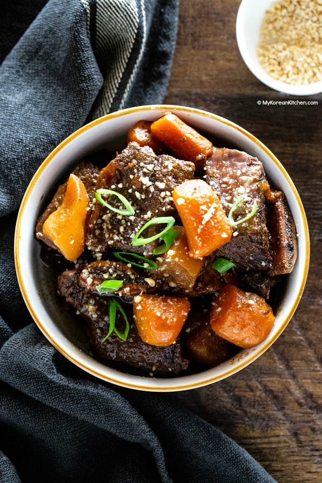 Pressure cooked Korean short ribs and carrots in a bowl