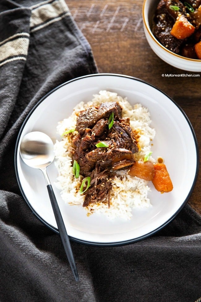 Pressure cooked Korean short ribs served with steamed rice