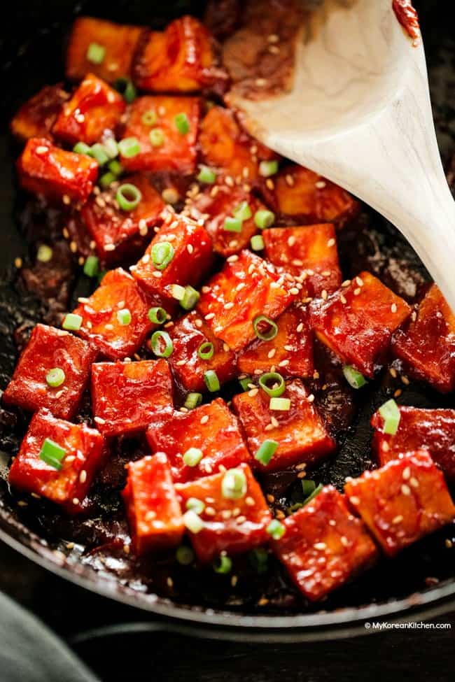 Spicy Tangy Tofu in a skillet