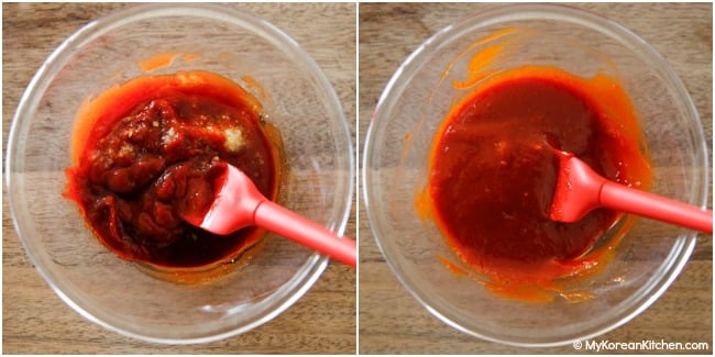 Mixing Spicy Korean Ketchup Ingredients in a bowl