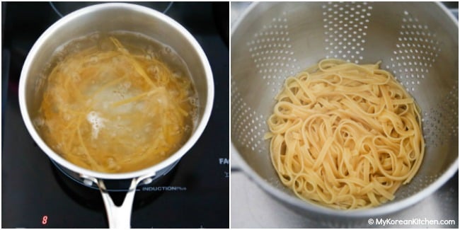 Picture collage - boiling and draining pasta