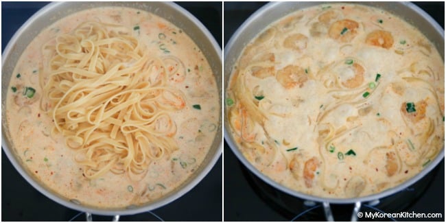Simmering pasta in creamy sauce