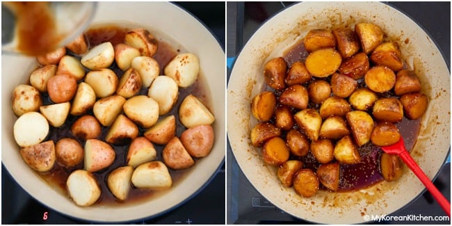 braising potatoes in a shallow pot