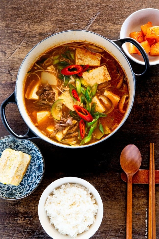 Doenjang Jjigae with Korean rice and side dishes