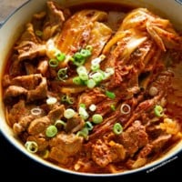 braised kimchi and pork in a braising pot